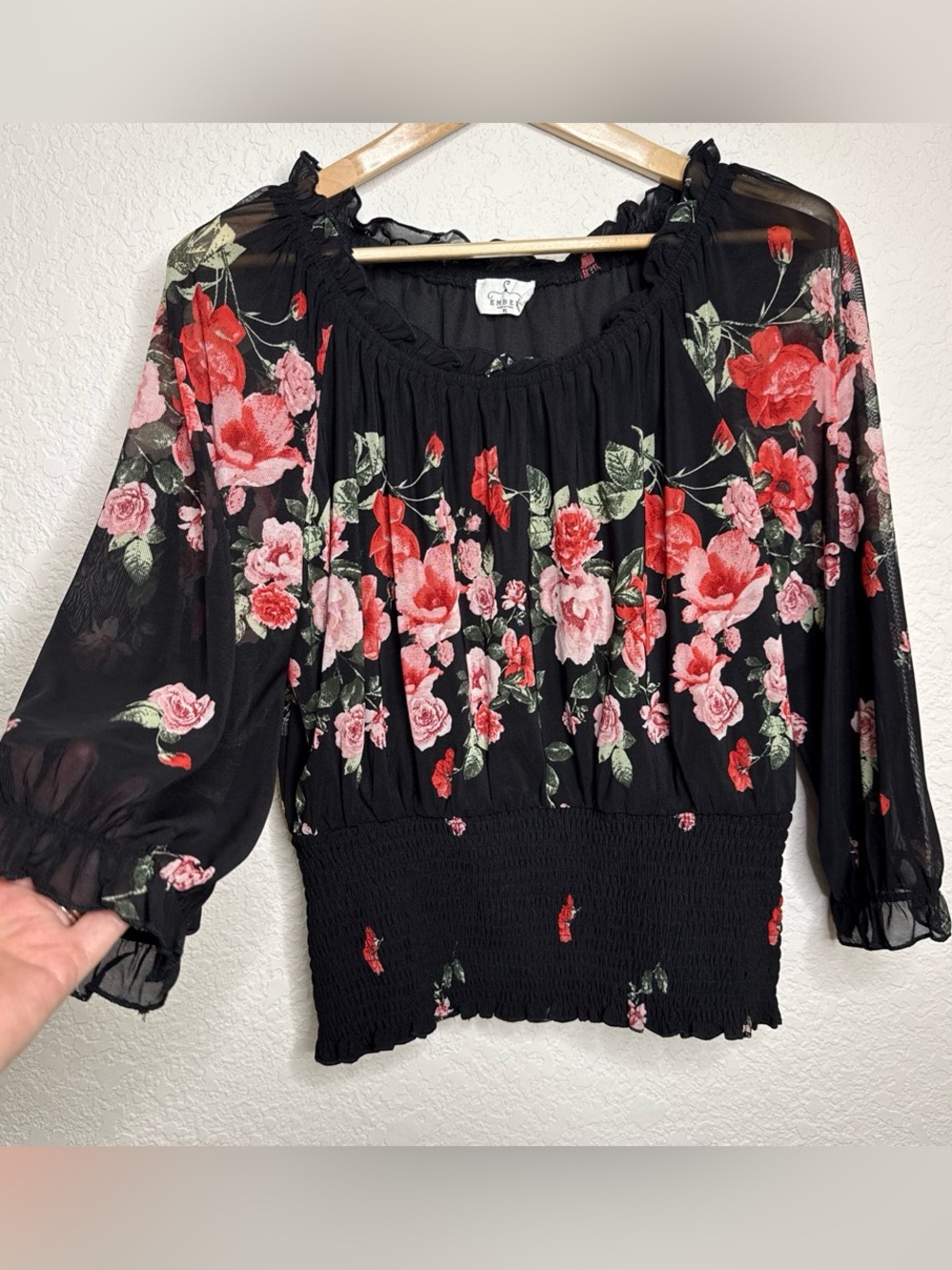 Ember Black Floral Sheer Smocked Blouse Ruffle Trim Size XL Boho Romantic Rose